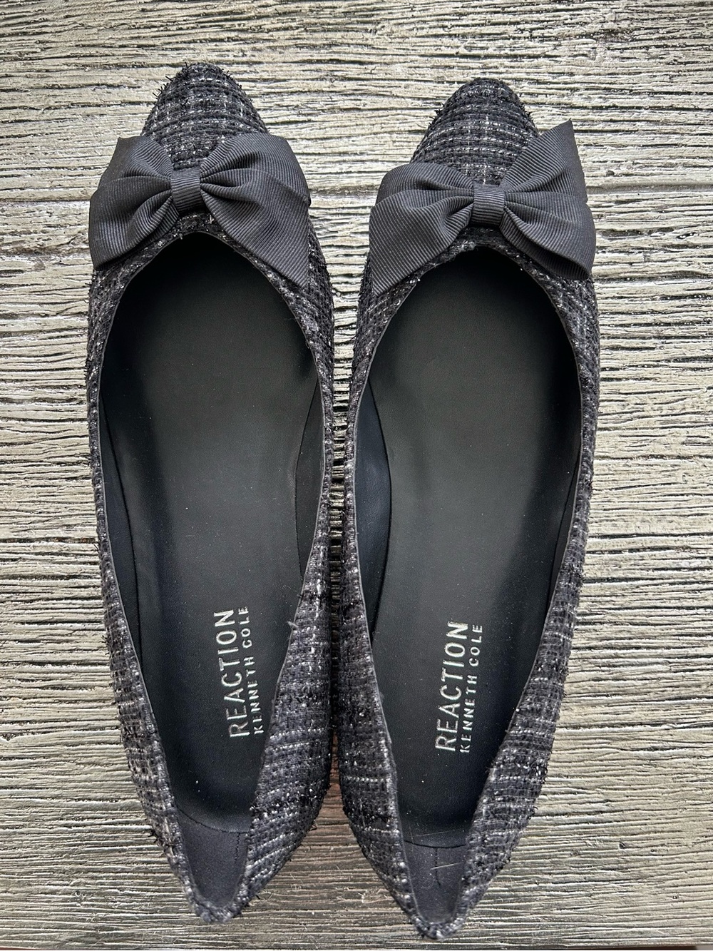 Reaction Kenneth Cole Black Tweed Pointed Ballet Flats with Grosgrain Bow